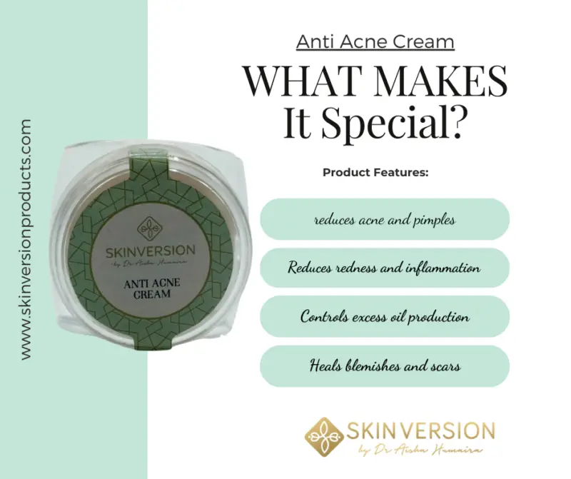 Anti-acne cream in a sleek tube, placed on a clean, white surface with natural ingredients like aloe vera and tea tree leaves around it, symbolizing freshness and skincare benefits