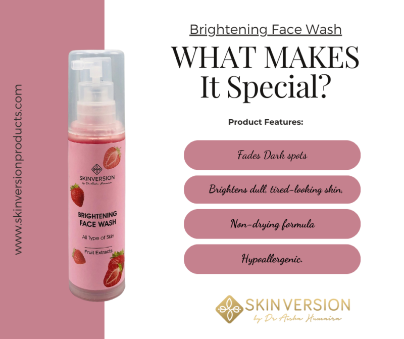 Tube of skin-brightening face wash with citrus extracts and vitamin C, placed on a clean white background with water droplets for a fresh and radiant look